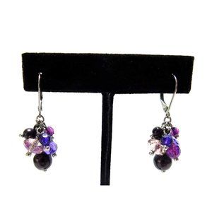 Dangle Cluster Beaded Earrings Purple Black Beads Lever Back Closure